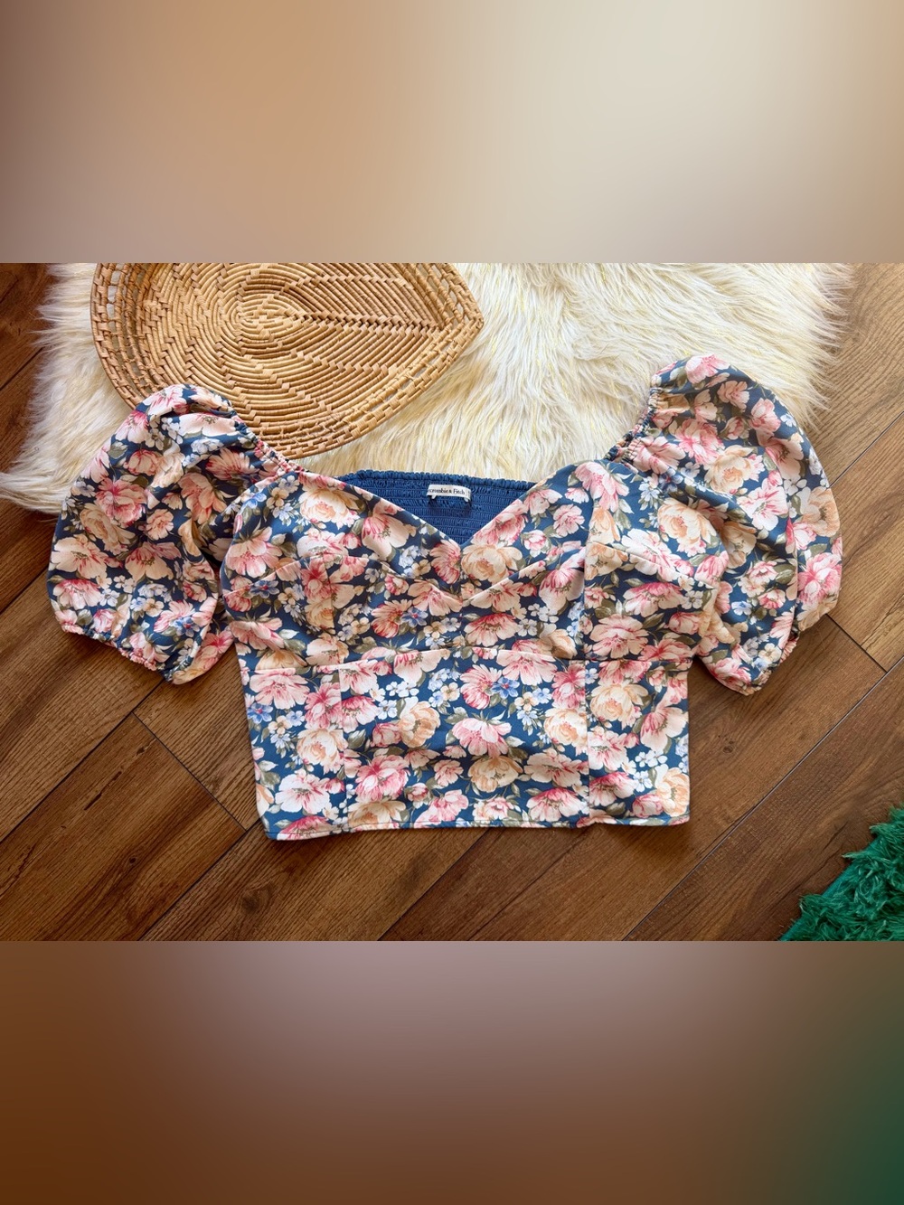 Abercrombie & Fitch Pink Blue Floral Puff Sleeve Crop Top Size XXL